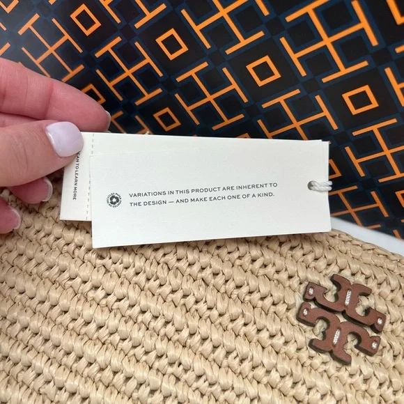 Tory Burch Thea Raffia Pouch Wristlet Bag Coffee Cream - Picture 7 of 11